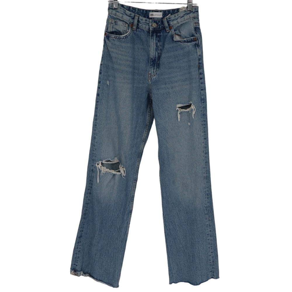 Zara Women's High Rise Straight Leg Distressed Light Wash Jean Size‎ 6 Denim